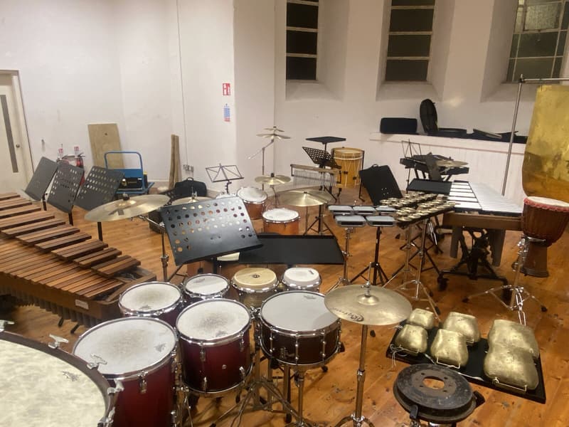 Multi percussion set up in rehearsal
