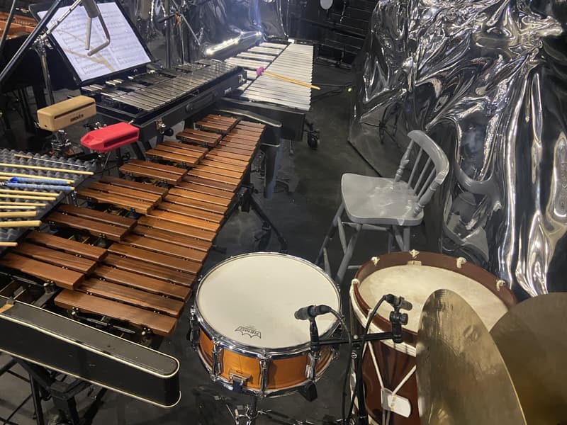 Theatre pit marimba vibraphone glockenspiel snare and rope drum